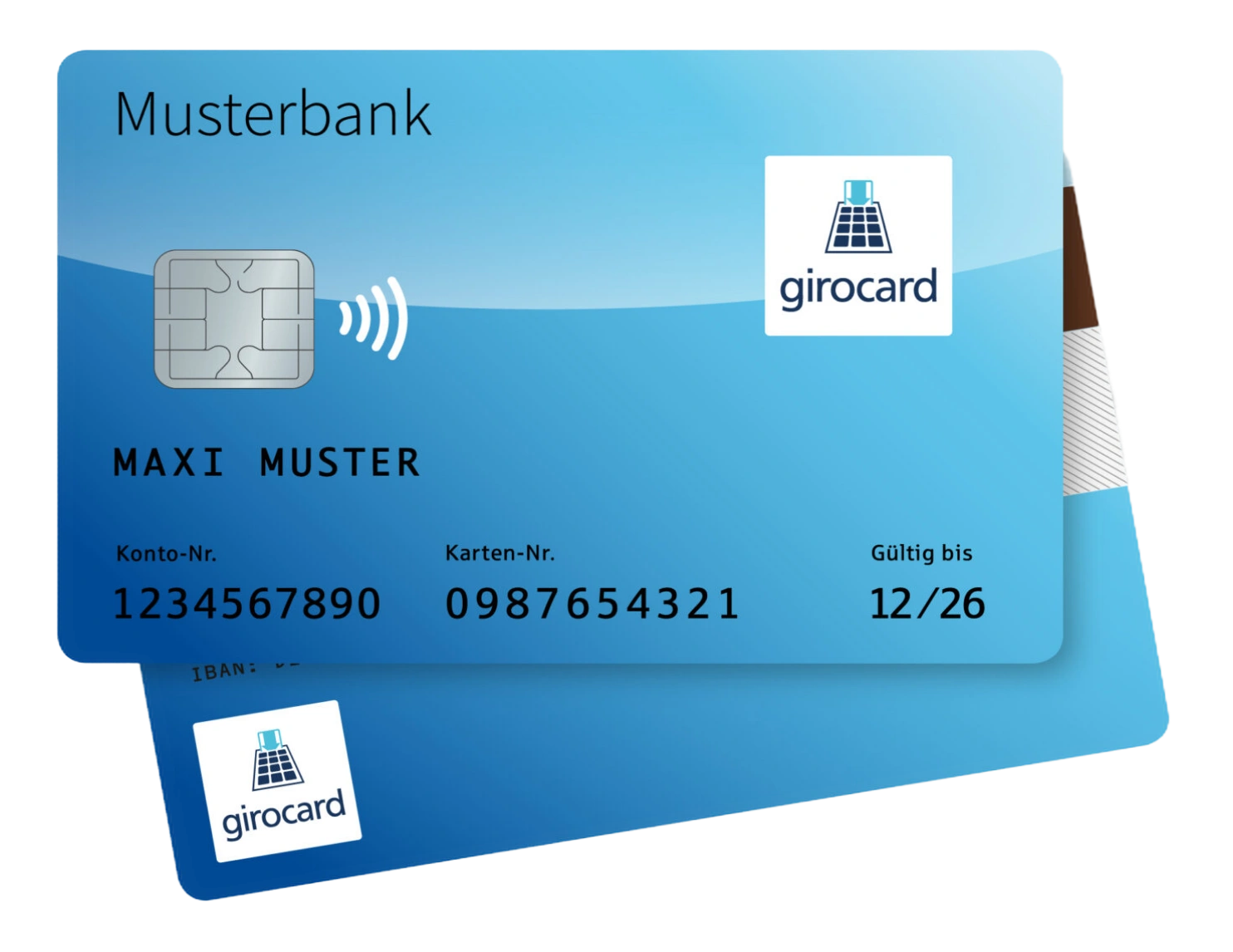 Moderne girocard der Musterbank mit NFC-Funktion, zeigt Kontoinformationen, Karten-Nummer und Gültigkeitsdatum, ideal für kontaktloses Bezahlen.