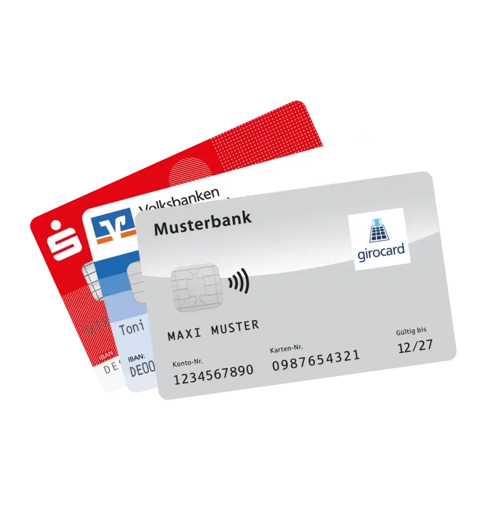 Illustration of three bank cards, including a girocard from the sample bank and two cards from Volksbanken, showing important information such as account number and expiry date.