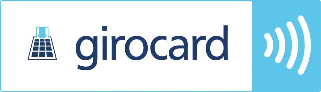 Logo der girocard, einer weit verbreiteten Zahlungsmethode in Deutschland, mit einem stilisierten Kartenlesegerät und dem Hinweis auf kontaktloses Bezahlen.