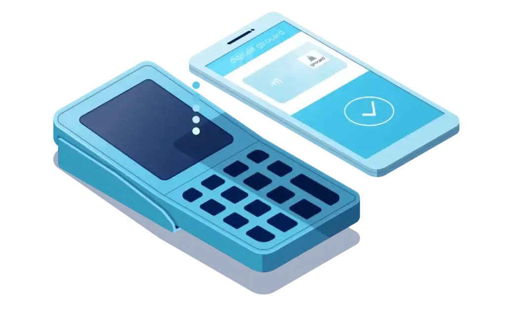 Digitale Giropay-Karte und Smartphone mit kontaktloser Zahlungsoption, dargestellt in einem modernen, blauen Design.