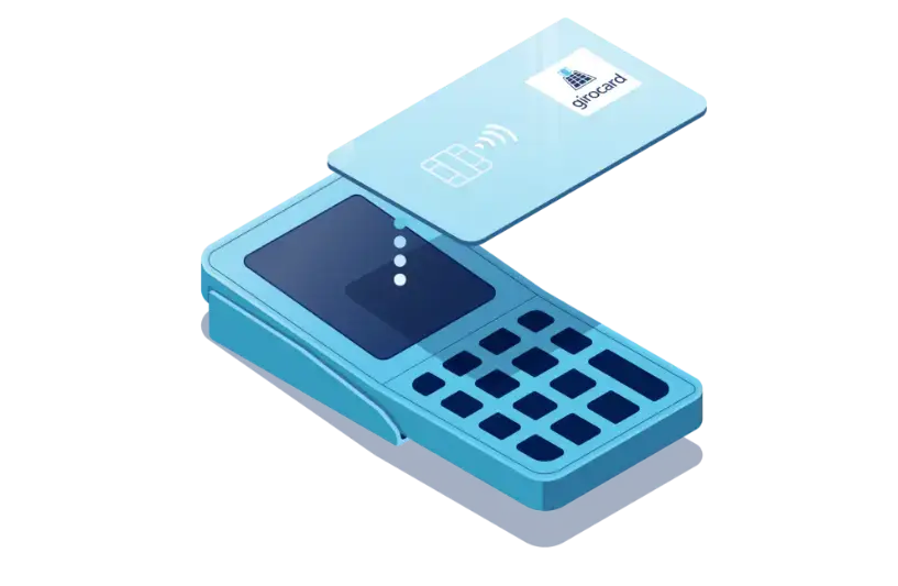 Illustration eines mobilen Zahlungsterminals in blauer Farbe mit einem aufklappbaren Display und einer girocard, die kontaktloses Bezahlen ermöglicht.