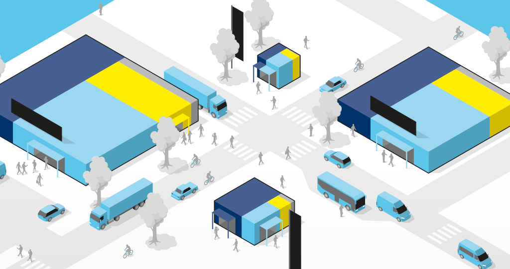 Urban scene with modern, colorful buildings, pedestrians, cyclists and vehicles at a busy intersection depicting vibrant city life.