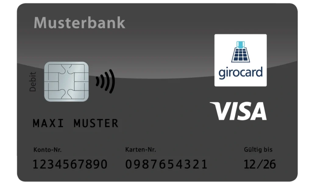 Debitkarte der Musterbank mit kontaktloser Zahlungsfunktion, inklusive girocard und Visa-Logo, personalisiert mit dem Namen "Maxi Muster" und wichtigen Kontoinformationen.