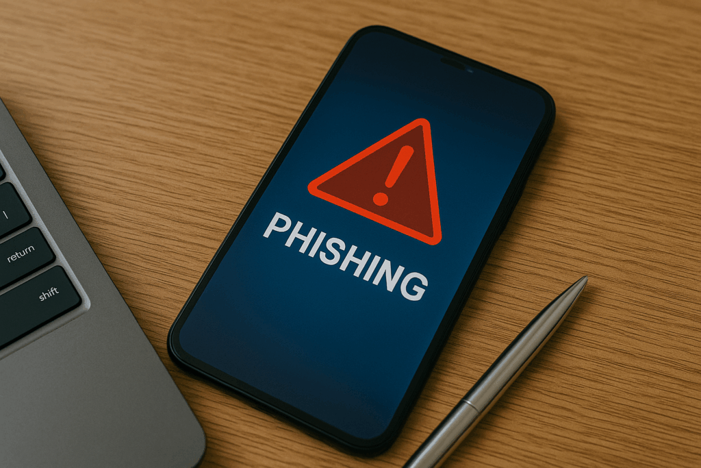 Smartphone mit einer Warnmeldung über Phishing auf dem Bildschirm, neben einem Laptop und einem Kugelschreiber auf einem Holztisch.