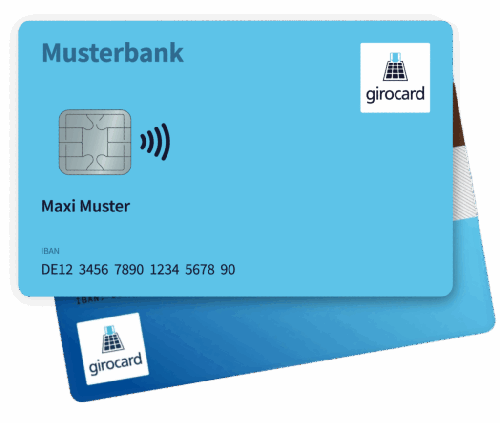 Moderne girocard der Musterbank mit kontaktloser Zahlungsfunktion, personalisiert mit dem Namen Maxi Muster und einer IBAN. Ideal für einfache und sichere Transaktionen im Alltag.