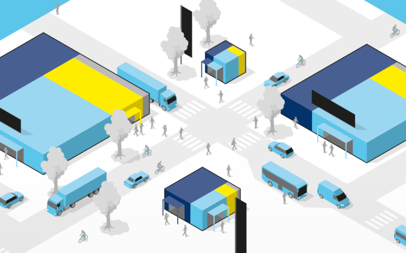 Urban scene with modern, colorful buildings, pedestrians, cyclists and vehicles at a busy intersection depicting vibrant city life.