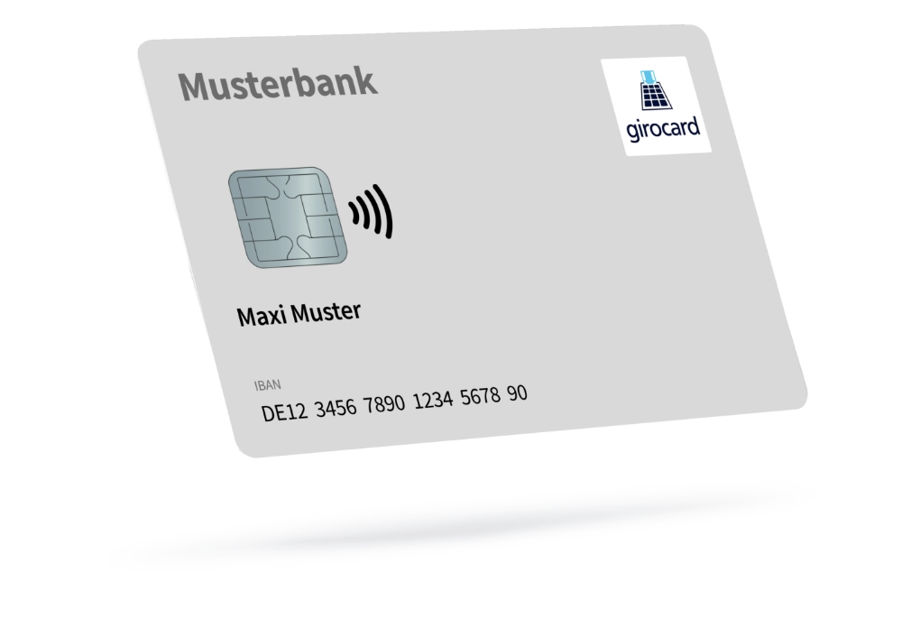 Girocard der Musterbank mit dem Namen Maxi Muster, inklusive IBAN-Nummer und kontaktloser Zahlungsfunktion.