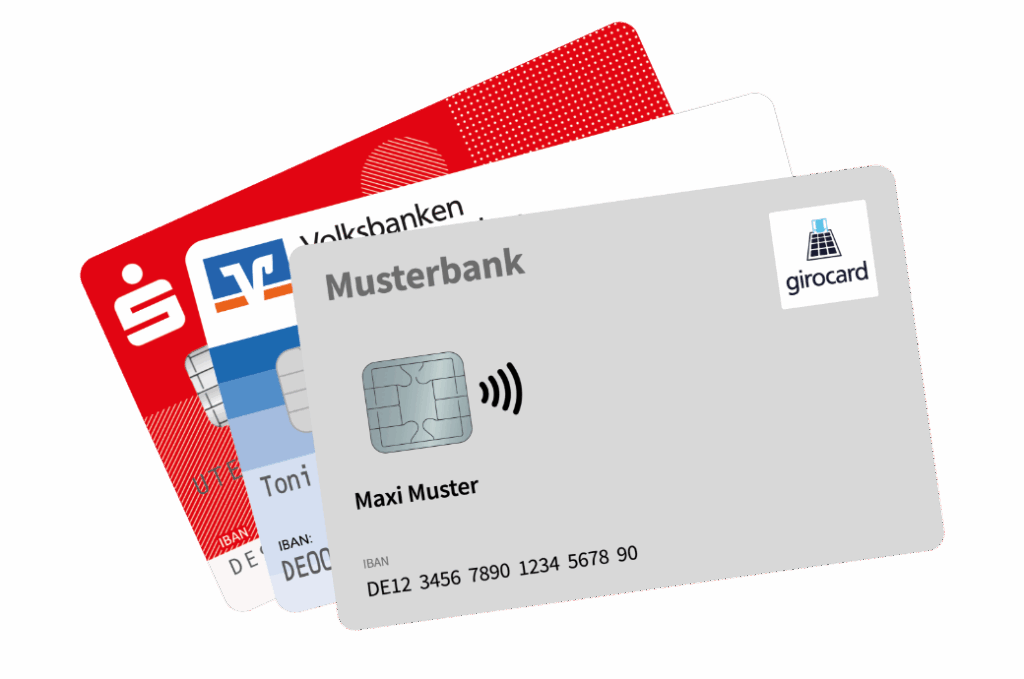 Abbildung von mehreren Bankkarten, darunter eine girocard der Musterbank, eine Volksbankkarte und eine weitere Bankkarte. Die Karten zeigen verschiedene Designs und Informationen wie IBAN und Namen.