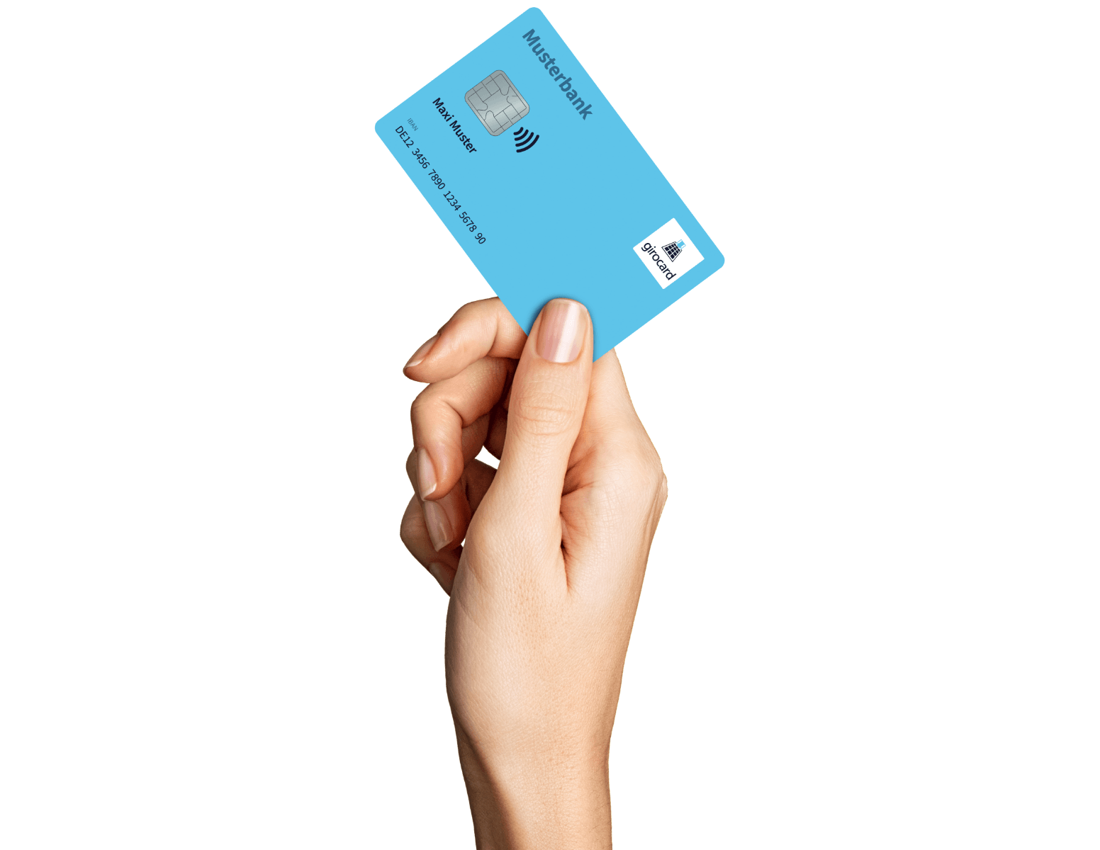 Hand hält eine blaue Bankkarte mit Kontaktlos-Funktion und dem Schriftzug Musterbank, ideal für digitale Zahlungen und Finanztransaktionen.